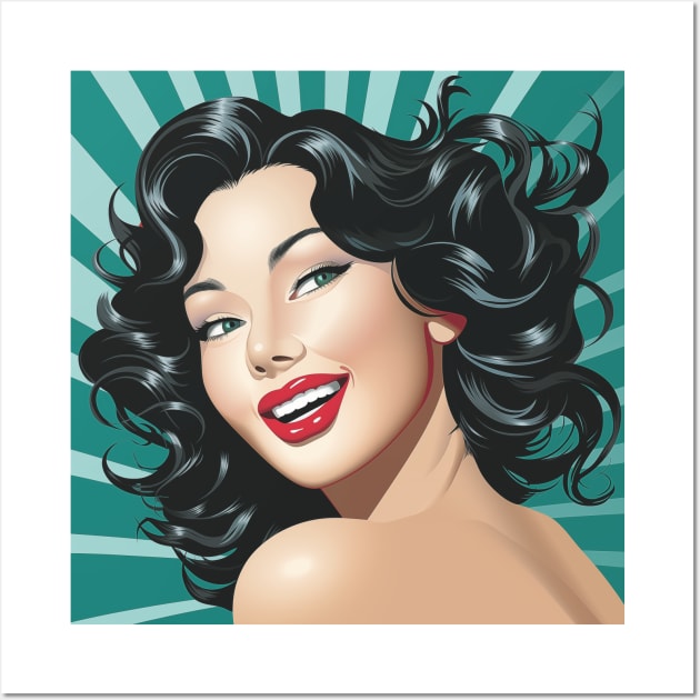 Illustration - Bright Vector Art with a Beautiful Brunette Girl, Red Lipstick, Retro Background, and Radiant Rays Wall Art by Art KateDav